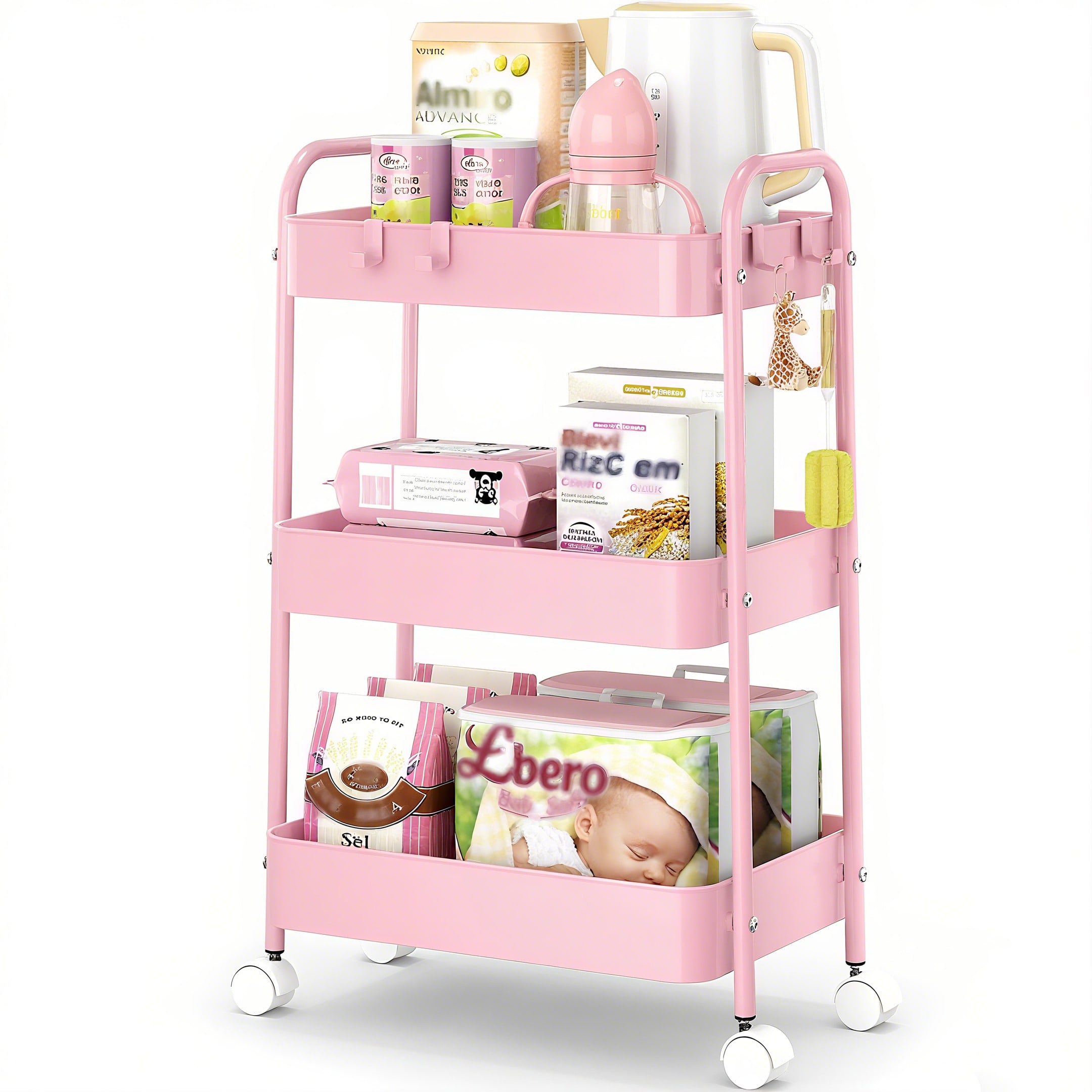 Baby Nursery Essentials - 3-poziomowy metalowy wózek na kółkach, nowoczesny