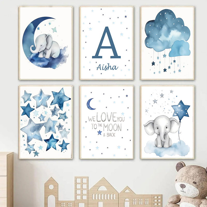 Baby Nursery Images - Niebieski Księżyc i Gwiazdy Imię Dziecka