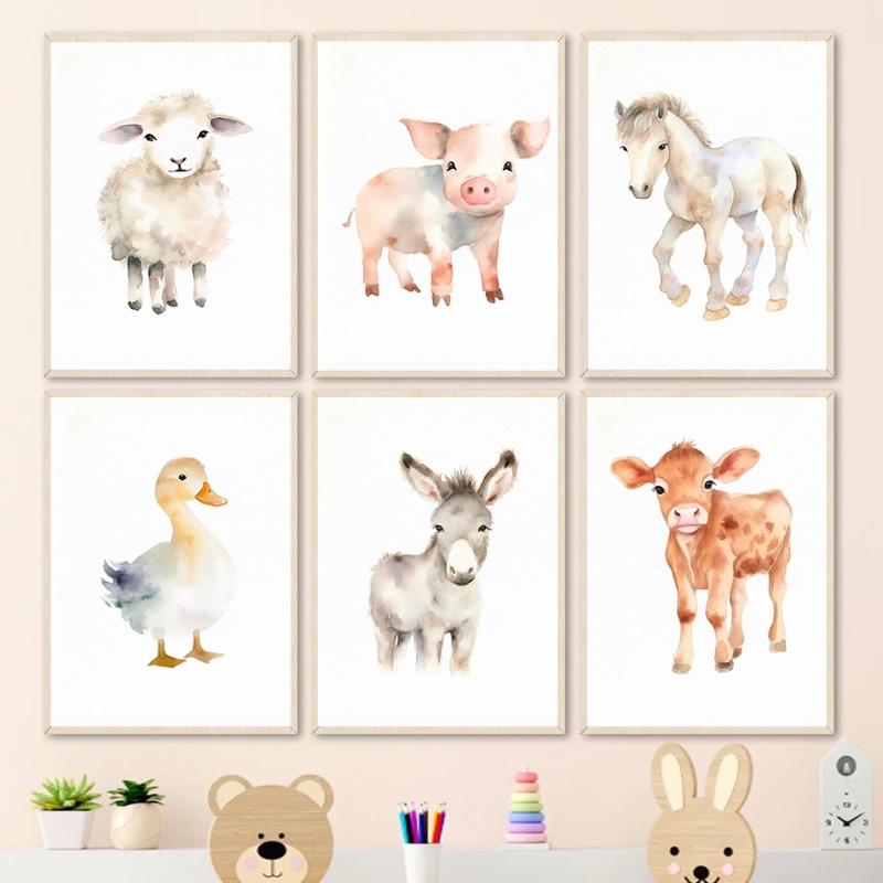 Baby Nursery Images - Akwarela zwierzęta gospodarskie dziecko koń kaczki