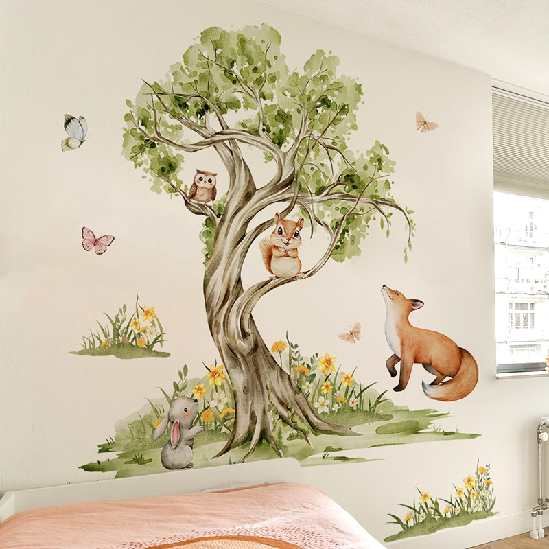 Baby Nursery Jungle Wallpaper - Naklejka Ścienna Akwarelowy Las Duże Drzewa