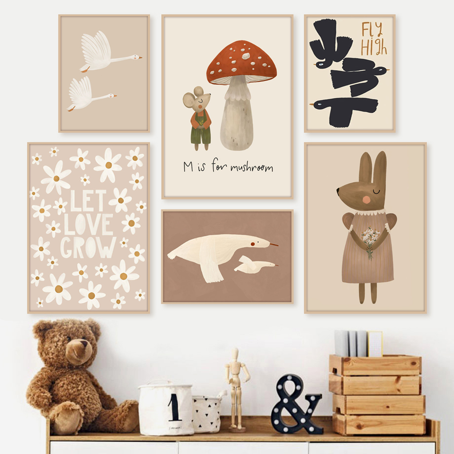 Baby Nursery Images - Boho Cartoon Rabbit Mouse Goose Posters