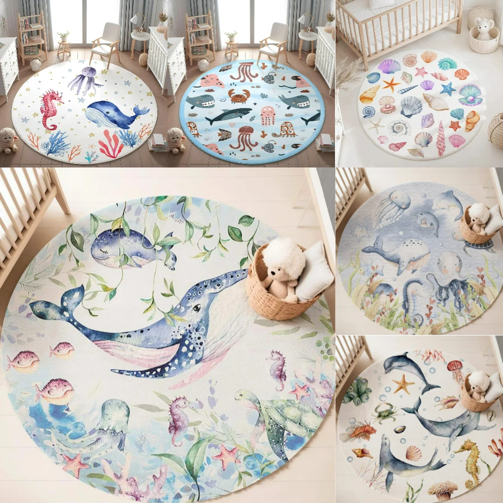 Baby Nursery Mat - Niebieski dywan z motywem morskich zwierząt,